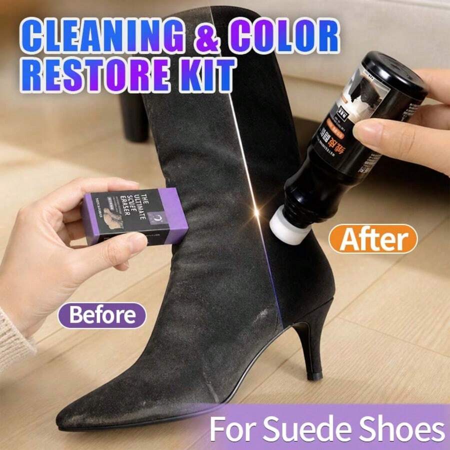 1 Set Suede Nubuck Leather Shoe Cleaning & Care Kit, Includes 1 Suede Eraser And 1 Bottle Color Restorer, For Cleaning And Caring For Suede Shoes, Color Repair And Correction, 3 Colors Available