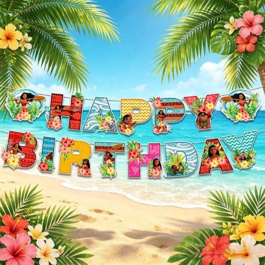 Disney Banner Selamat Ulang Tahun Bertema Tropis, Rangkaian Huruf Kertas Warna-warni Gaya Hawaii dengan Pola Kartun, Cocok untuk Pesta Ulang Tahun, Dekorasi Dinding Pesta Pantai Musim Panas - MultiWarna - View 1