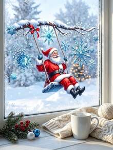 Christmas Window Sticker, Santa Claus Static Cling Window Sticker, Icy Snowflake Frosty Branch Pattern, For Winter Holiday Window Decorations For Winter, Birthday, Christmas Xmas Winter Wonderland Decorations, Winter Holiday Window Decorations - Multicolor - View 1