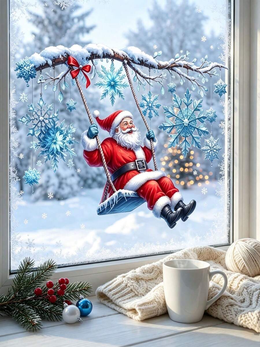 Christmas Window Sticker, Santa Claus Static Cling Window Sticker, Icy Snowflake Frosty Branch Pattern, For Winter Holiday Window Decorations For Winter, Birthday, Christmas Xmas Winter Wonderland Decorations, Winter Holiday Window Decorations - Multicolor - View 1