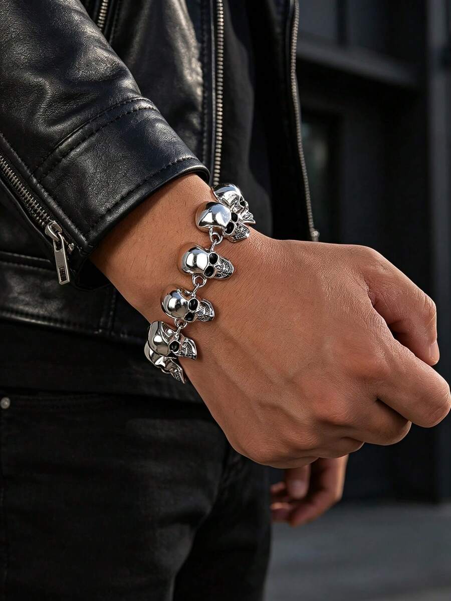 1pc Fashionable European And American Vintage Personalized Hip-Hop Skull Bracelet, Suitable For Men's Daily Street And Party Wear - Antique Silver - View 1