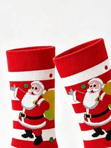 2 Pairs Men's Christmas Mid‑Calf Socks, Red‑White Striped Santa Claus Design, Soft, Breathable, Fun & Personalized Holiday‑Style Mid‑Calf Socks - Multicolor - View 7