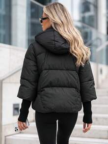 Women's Quilted Puffer Jacket, Detachable Hood, Knit Cuffs, Zip Front, Relaxed Fit - Black - View 2