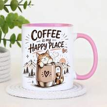 Cat Coffee Lover Coffee Mug, Coffee Is My Happy Place Cute Kitten Graphic Ceramic Cup, Novelty Gift For Cat Enthusiast Coffee Addict Birthday Holiday Present - Multicolor - View 11