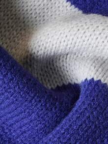 Women Fall Blue‑Grey Stripe Cropped Knit Sweater, Polo Collar V Neck Long Sleeve Drop Shoulder Ribbed Hem Jumper For Daily Campus Date Casual Outfits - Multicolor - View 5