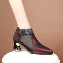 Fashion Rhinestone Lace Mesh Ankle Boots Women Pointed Toe Asymmetric Heel Back Zipper Breathable Chunky Heel Mom Fashion Ankle Boots - Burgundy - View 5