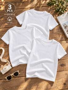 3pcs/Pack Unisex Kids White Pure Cotton Short Sleeve T-Shirt, Solid Color Crew Neck Basic Style, Suitable For Back To School, Daily Wear And Layering - White - View 2