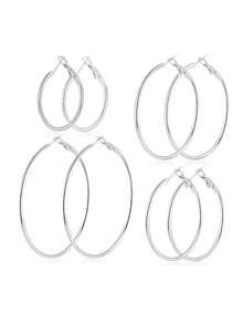 4 Pairs Minimalist European & American Style Metal Smooth Round Hoop Earrings Holiday Gift Chunky Hoop Earrings For Women Stainless Steel Large Hoops - Multicolor - View 8