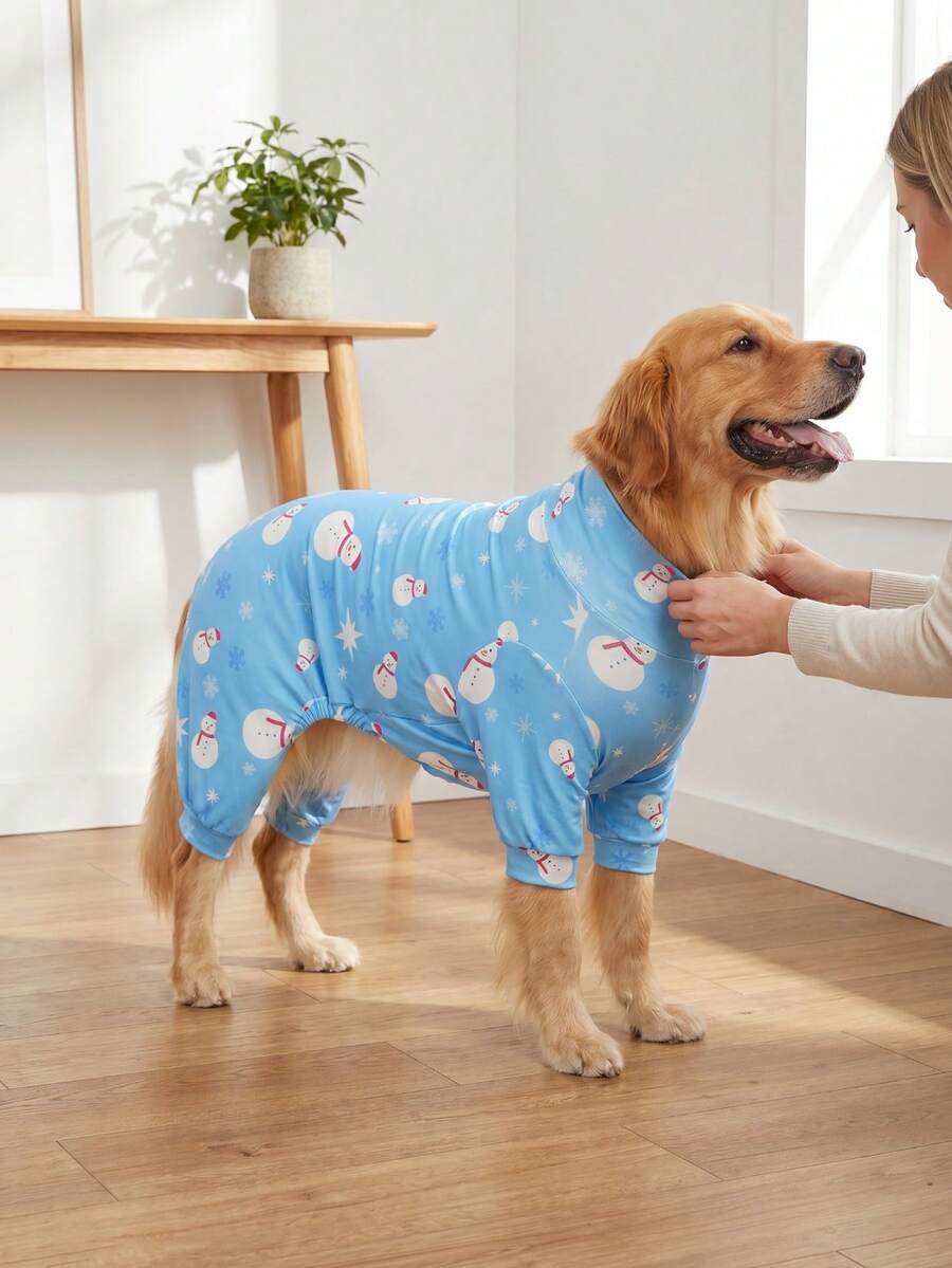 1PC Christmas Dog Pajamas - Soft Warm And High Stretch Full Coverage Pet Rompers, Anti Licking & Bug Protective Jumpsuit For Small Medium Large Dogs, Christmas All Over Printing Dog Clothes - Cute Cartoon Snowman Pattern - Multicolor - View 1