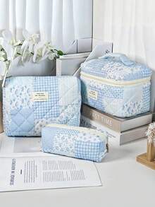 1pc/Set Blue Patchwork Pattern Makeup Bag, Fashionable Large Capacity Multi-Compartment Women's Handbag, Multi-Functional Travel Toiletry Bag, Storage Bag, Organizer Bag For Cosmetics, Makeup Tools And Other Items, Holiday Gift Souvenir - Blue - View 3