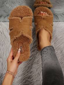 2026 New Cloud-Like Soft Style Autumn/Winter Plush H-Strap Slippers For Women, Open Toe Faux Rabbit Fur House Slippers, Soft Anti-Slip Indoor/Outdoor Wearable Cotton Slippers, Slouchy Plush Slippers - Brown - View 6