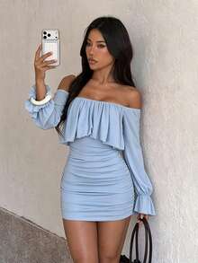 Women's Light Blue Off-Shoulder Long Sleeve Ruched Mini Dress - Blue - View 2