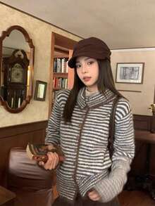 Vintage Striped Knit Cardigan Sweater Jacket For Women, Winter Loose Casual Versatile Lapel Knit Top - Blue Coffee - View 1
