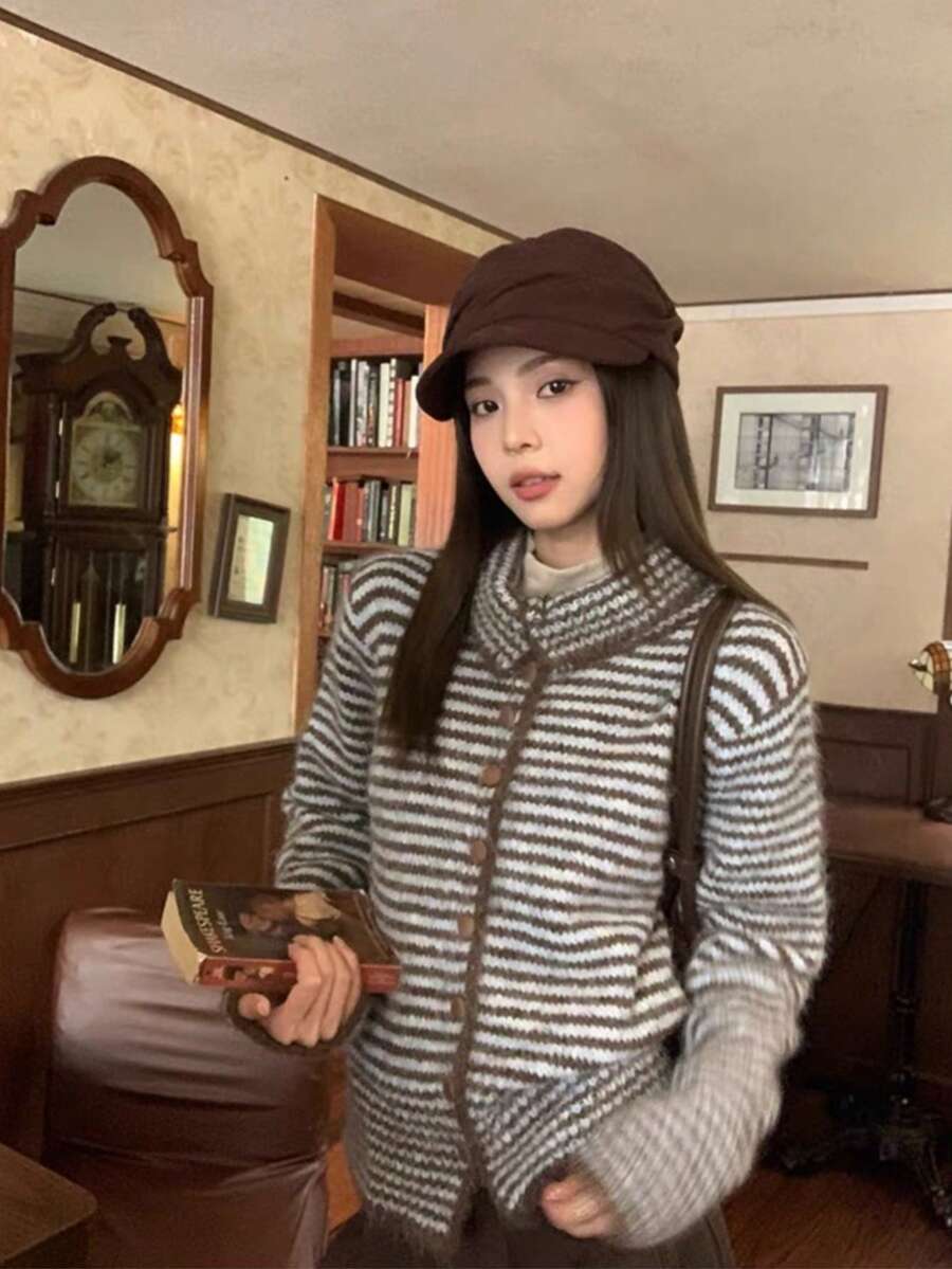 Vintage Striped Knit Cardigan Sweater Jacket For Women, Winter Loose Casual Versatile Lapel Knit Top - Blue Coffee - View 1