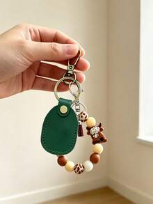 Cute Retro Style Highland Cattle Bead Bracelet PU Leather Keychain, Access Card Holder Tassel Decor Bag, Charm Car Key Ring Gift, Unisex, Daily Essential, Birthday, Ramadan, Christmas Gift - Multicolor - View 5