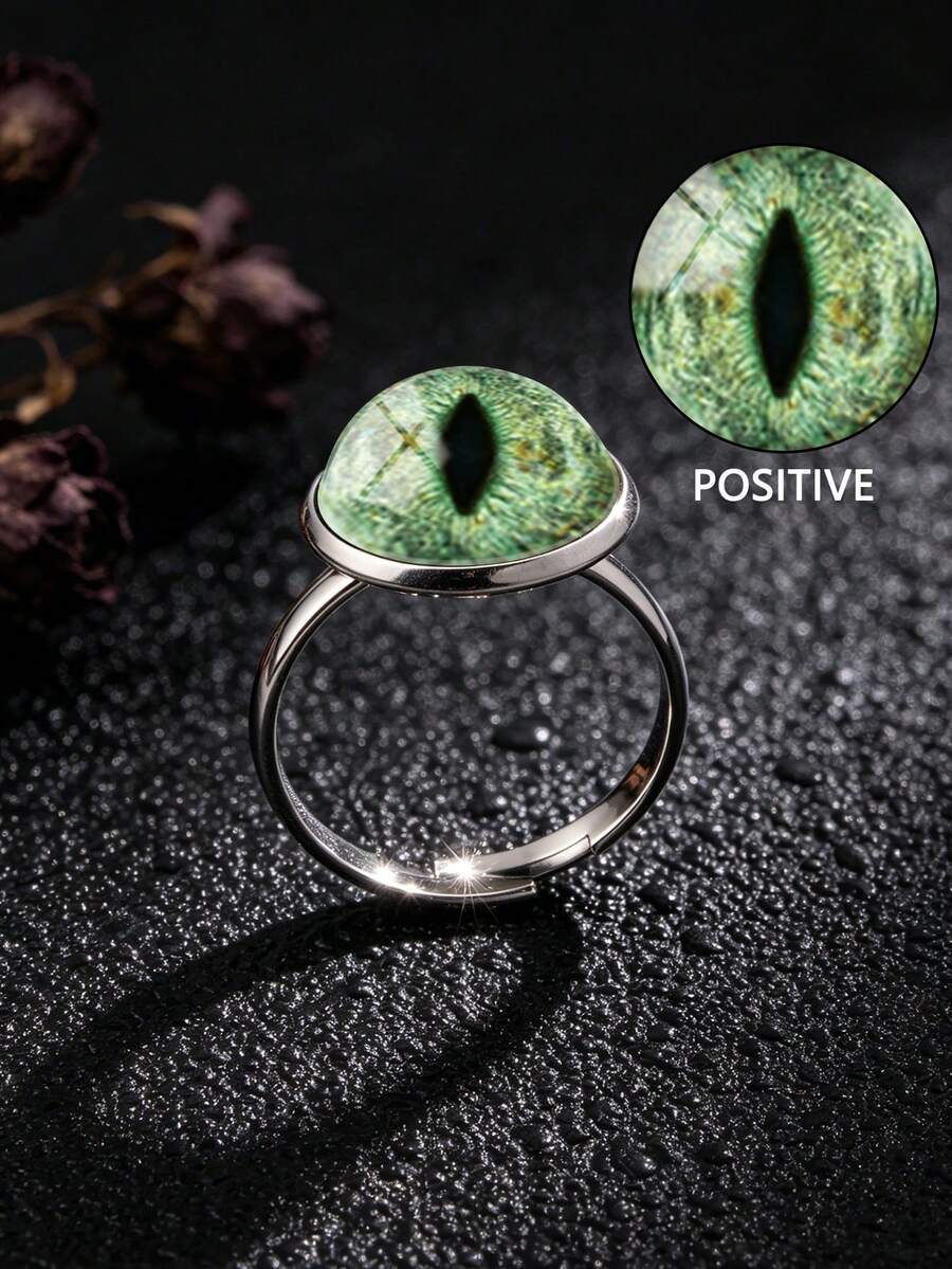 YUJUGLOW 1PC Adjustable Realistic Lizard Cat Eye Pattern 316 Stainless Steel Round Open Hemisphere Ring, Suitable For Women's Daily Wear - Green - View 1