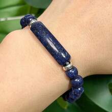 Long Curved Tube Lapis Lazuli Silver Spacer Natural Stone Elastic Cord Bracelet Vintage Daily Versatile Crystal Bangle Business Unisex Gift Accessory - Multicolor - View 4