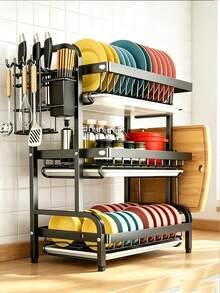 1pc Large 3-Tier Kitchen Storage Rack With Quick Drainage, Knife & Fork Holder, Cutting Board Rack, Multi-Functional Countertop Dish & Utensil Organizer, Can Hold Bowls & Plates, Kitchen Organizer Rack | Stylish Metal Rack | Durable Kitchen Supplies - Multicolor - View 6