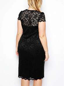 Solid Color Lace Short Sleeve Cute Plus Size V-Neck Dress - Black - View 4