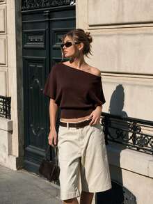 VINOVA Women's Knitted Basic Cold Shoulder Short Sleeve Fashion Top, Autumn Fashion, Casual Shirt, Women's Office Top, Going Out Top, Business Top - Brown - View 1