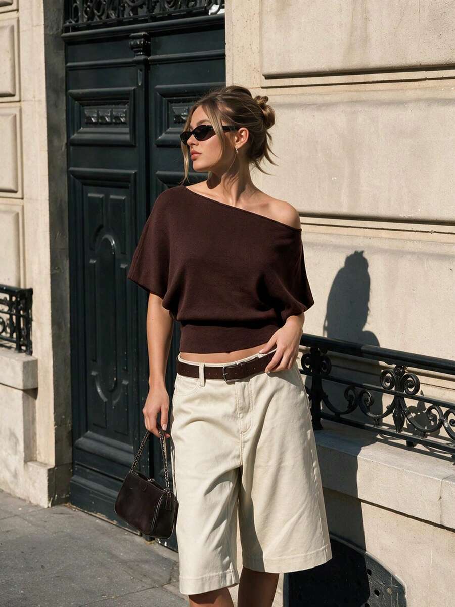 VINOVA Women's Knitted Basic Cold Shoulder Short Sleeve Fashion Top, Autumn Fashion, Casual Shirt, Women's Office Top, Going Out Top, Business Top - Brown - View 1