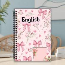 1pc A5 Size English Practice Notebook, Spiral Bound, Pink Floral Design Cover With Cute Pink Bow Decoration, Pen-Style Language Learning Workbook With Spiral Line Pattern, Suitable For Students' English Course Practice - One Book (50 Pages, 100 Pages) - View 3