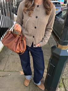 Women's Cropped Cardigan Contrast Button Crew Neck Long Sleeve Soft Knit Effortless Chic Minimalist Capsule Wardrobe Fall Winter - Khaki - View 2