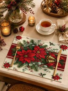 Classic Vintage Christmas Table Runner, Throw Pillow, Placemat, Red Poinsettia, Gold Bell, Red Ribbon, Pine Branch, Holly Berry Print, Country Style Kitchen Dining Table Decor Long Cloth, Holiday Party Decoration - Multicolor - View 5