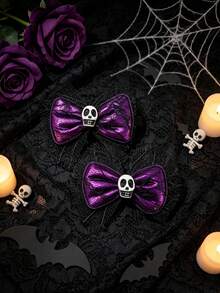 Women's Halloween Skull Bow Hair Clip, Red Soft Mesh Lace Bow Hair Accessory, Spooky Gothic Style Party Hair Decor, Multiple Colors Available - Skull Bow - View 3