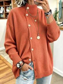 Plus Size Women Solid Color Mid-Length Knit Cardigan Sweater Jacket, Loose Fit, Slimming, Warm, Flattering, Versatile - Orange - View 2