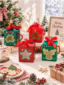 5pcs/10pcs Christmas Window Gift Boxes, Thickened White Cardboard Square Shape, Ribbon Handle With Bow, Unique Transparent Window, Christmas Tree Star Reindeer Pattern, Easy To Fold Candy Dessert Packaging Gift Box, Suitable For Christmas New Year Party Children Gifts - View 8