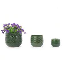 Handmade 3-Piece Ceramic Planter Set (Ø 23/17/12 Cm), Glossy Dark Green With Dotted Relief, Breathable, Frost-Resistant, With Drainage Holes For Garden & Balcony - B - View 12