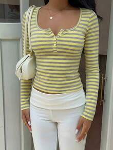 SCARLUX Women's Autumn Y2K Basic Yellow & Grey Striped Long Sleeve Top, U-Neck Button Fitted Cropped T-Shirt, Suitable For Back To School Daily Streetwear - Yellow - View 6