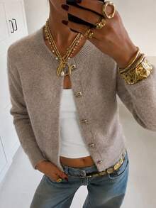 Women's Autumn/Winter Casual Elegant Commute Round Neck Metal Button Knit Cardigan, Simple Versatile, Office Commute Outfit - Apricot - View 3