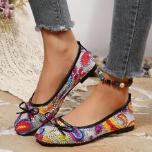 Colorful Embroidered Mesh Low Vamp Ballet Shoes For Women, Vintage Bohemian Bow Round Toe Soft Sole Breathable Casual Flat Shoes - Colorful - View 5