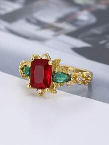 ZHIXUN 1pc Fashion Vintage Gold Floral Silk Red Synthetic Zirconia Ring, Exquisite Luxury Bridal Ring, Suitable For Women Wedding Party Gift - Ring - View 7