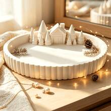 1pc Winter Christmas Atmosphere Tray Decor, Pure White Forest Cabin With Pointed Pine Tree, Creating Healing Winter Snow Micro Landscape. Vertical Striped Round Plate Can Be Used To Store Aromatherapy, Jewelry And Small Accessories - Multicolor - View 6