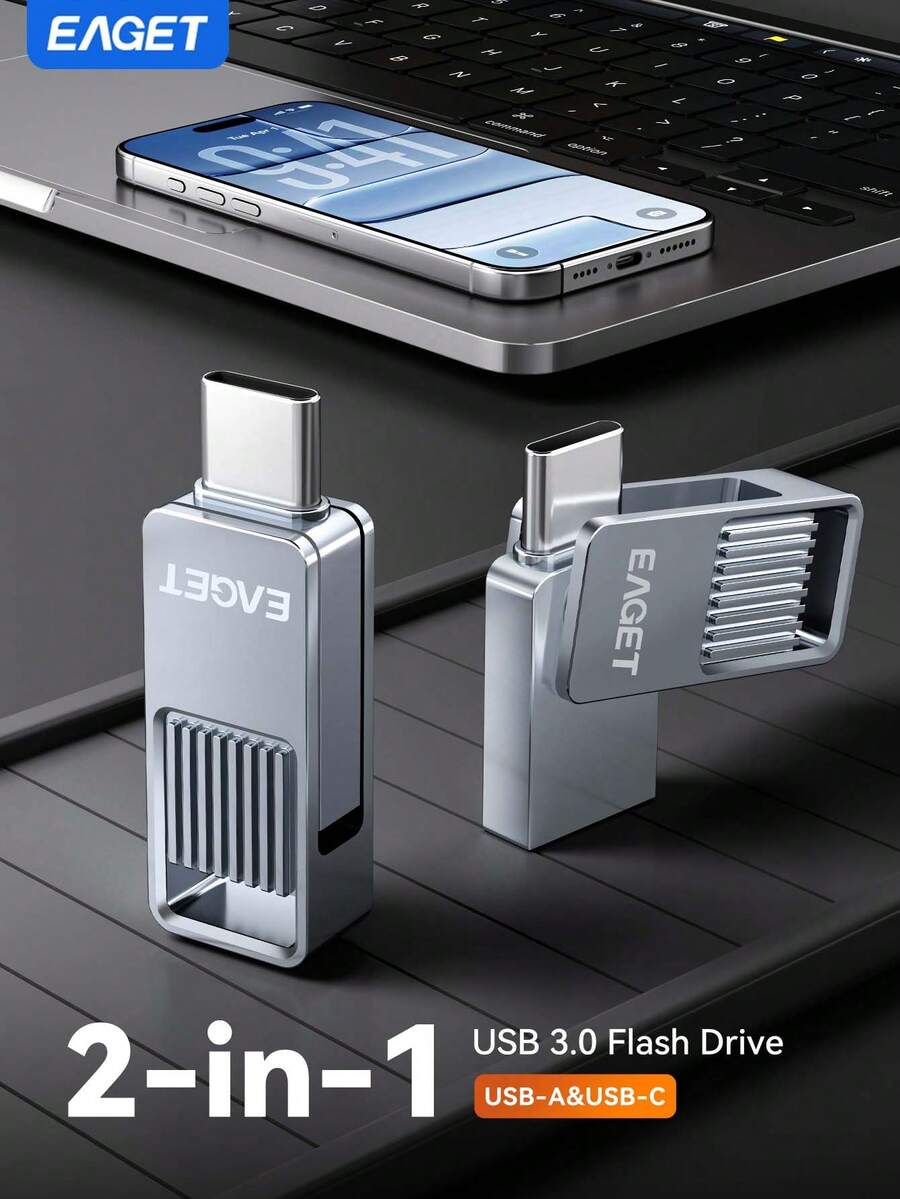 EAGET Flash Drive USB C 2-in-1, USB-A & Type C Logam Putar 360°, Stik Memori OTG Kecepatan Tinggi untuk Ponsel, Tablet & Komputer - View 1