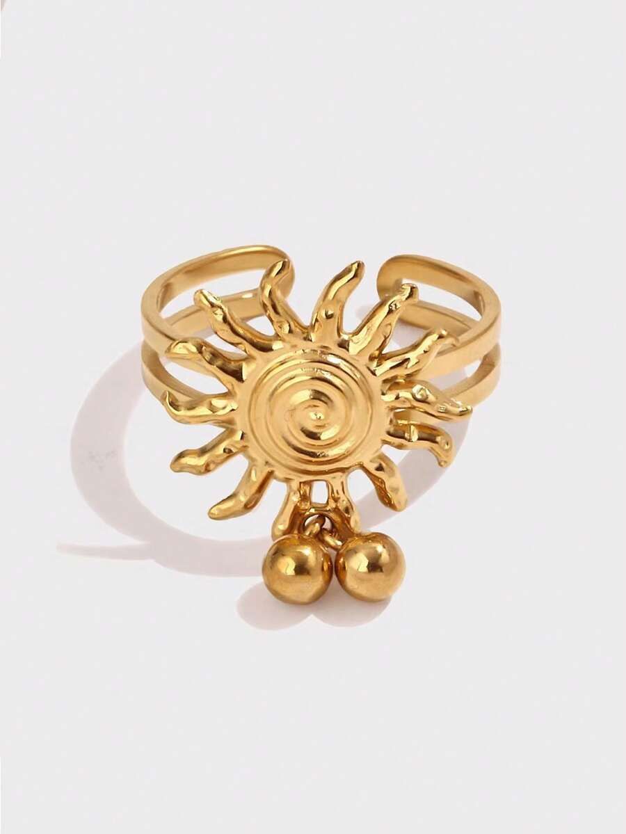 1PC Bohemian Sun Dangle Ball Charm Rings For Women Gold Color Stainless Steel Sun Adjustable Statement Ring Party Christmas Jewelry Gfit - Multicolor - View 1