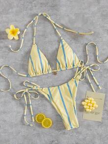 New Striped Triangle Bikini Set With Metal Pendant Decor, Spaghetti Strap Backless Party Beach Swimwear For Elegant Women Vacation Summer Yellow - Yellow - View 2