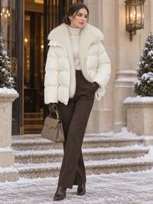 Women's Winter Quilted Long Sleeve Regular Fit Outerwear, Regular Length Fashion Casual Jacket - Beige - View 9