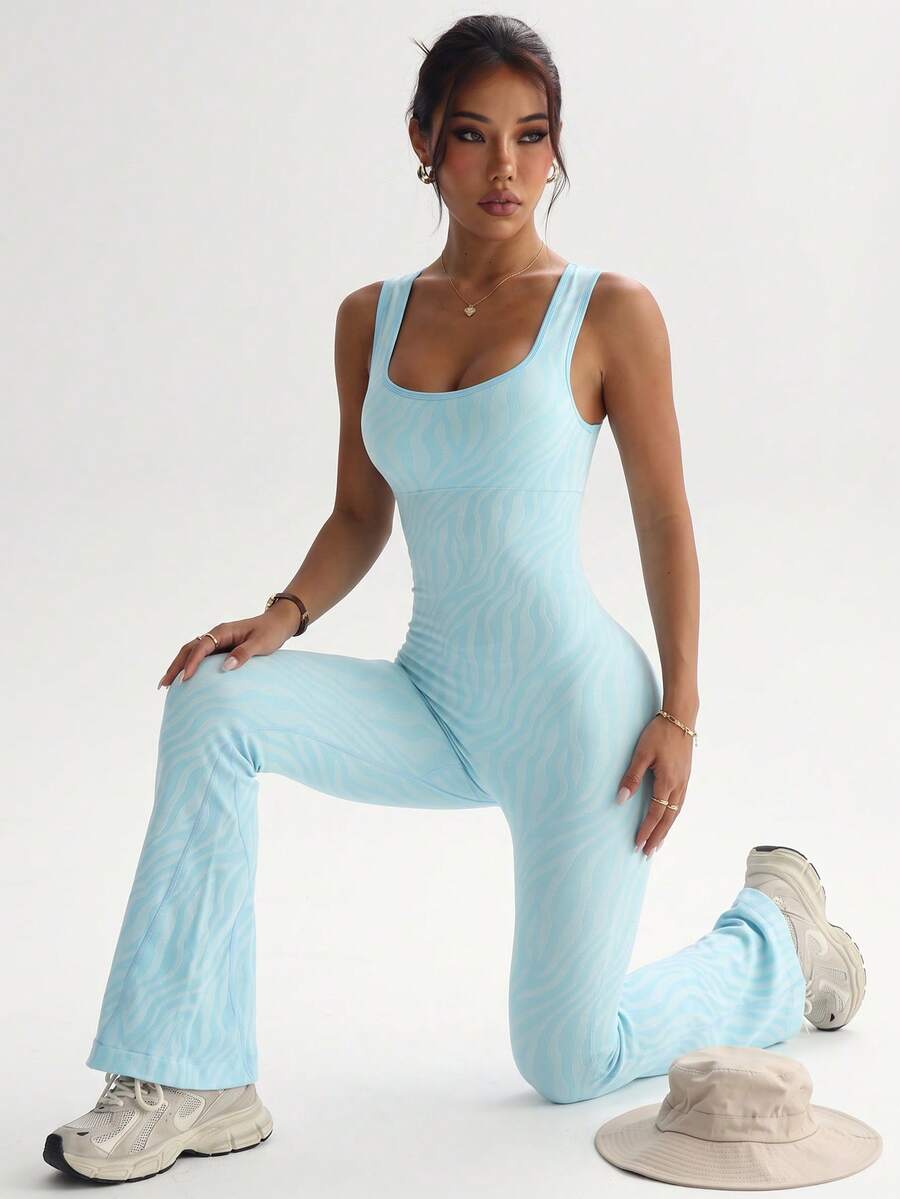 Women's Sleeveless Flare Leg Jumpsuit, Low Back Design, Elastic Zebra Print Long Leg Bodycon Jumpsuit, Slim Fit Casual One-Piece Set