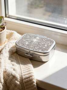 Sparkly Rhinestone Mini Jewelry Box With Mirror,2 Compartment Mini Portable Pill Box,Portable Travel Jewellery Storage Case,Ring Earring Storage Box For Women,Fits In Wallet Or Pocket,Suitable For Travel,School,Gifting,Holiday Gifts, Birthday Gifts - Multicolor - View 5