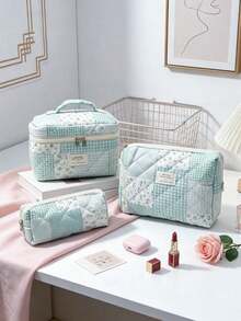 1pc/Set Blue Patchwork Pattern Makeup Bag, Fashionable Large Capacity Multi-Compartment Women's Handbag, Multi-Functional Travel Toiletry Bag, Storage Bag, Organizer Bag For Cosmetics, Makeup Tools And Other Items, Holiday Gift Souvenir - Blue - View 11