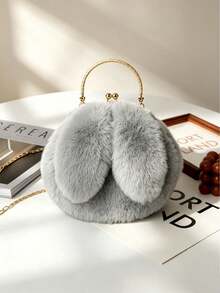 Autumn/Winter Healing Style Fluffy Rabbit Ear Metal Clasp Bag, Multi-Color Options, Handheld/Crossbody Dual-Use Girl's Bag - Multicolor - View 17