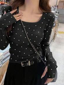 Autumn/Winter Sweet Cute Large Scoop Neck Apricot Polka Dot Women's Sweater - Black - View 4