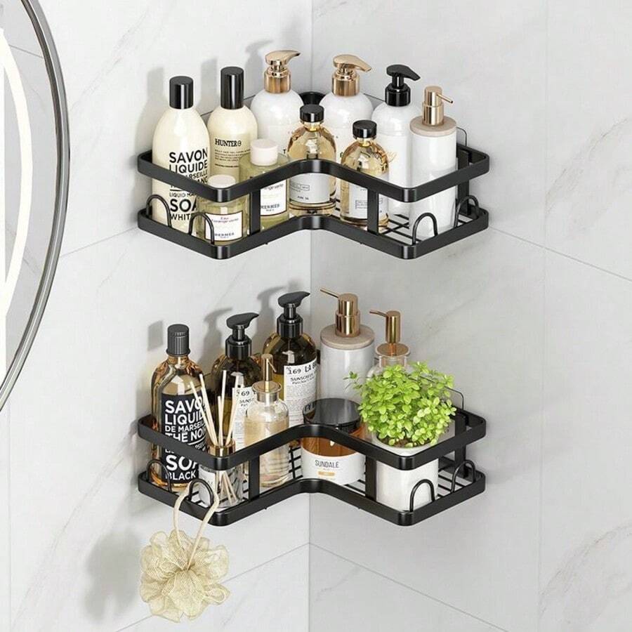 3pcs Stainless Steel Corner Shower Caddy Set, Drill-Free Adhesive Wall Mount Shower Storage Rack, Suitable For Shampoo, Body Wash And Soap - Black - View 1