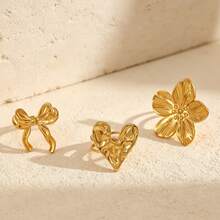 3pcs Elegant Flower Heart Bow Stainless Steel Gold Plated Open Ring Set For Women, Suitable For Daily Wear, Dating, Shopping, Party - As Shown - View 3