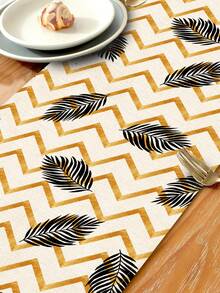1pc Geometric Leaf Pattern Printed Table Runner, 4pcs Geometric Leaf Pattern Printed Placemats, Suitable For Holidays, Parties, Birthdays, Dinners, Kitchen Dining Table Decoration, All Season Room Decor, Home Textile Decoration Table Runner - Multicolor - View 9
