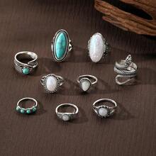 9pcs Women's European & American Carved Feather Turquoise Ring Set, Daily Wear - Antique Silver - View 2